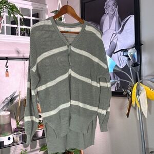 American Eagle Striped Knit Sweater Button Detail Olive Green Comfy Soft